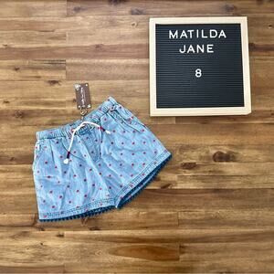 NWT Matilda Jane Enchanted Garden Aubrey Shorts 8 Blue Chambray Red Dots Pom Pom